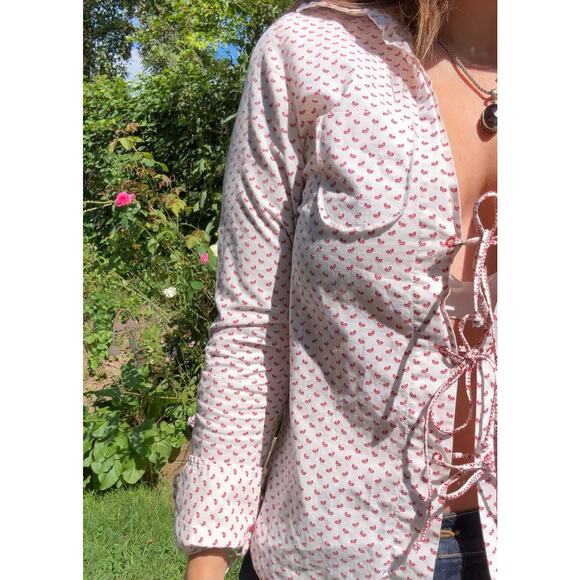 Y2K Lace-Up Handkerchief Print Blouse — / American Eagle Vintage Top XS-S - Picture 3 of 9